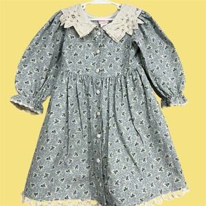 Vtg 90s Cottagecore Girls Dress Sz 5 Blue Floral Prairie Lace Collar Easter